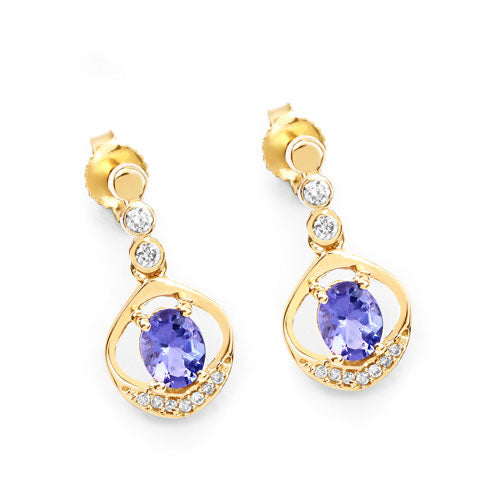 0.76 Carat Genuine Tanzanite and White Diamond 14K Yellow Gold Earrings