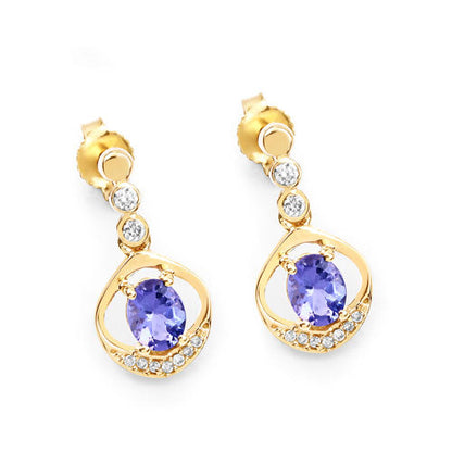 0.76 Carat Genuine Tanzanite and White Diamond 14K Yellow Gold Earrings