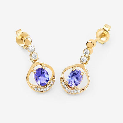 0.76 Carat Genuine Tanzanite and White Diamond 14K Yellow Gold Earrings