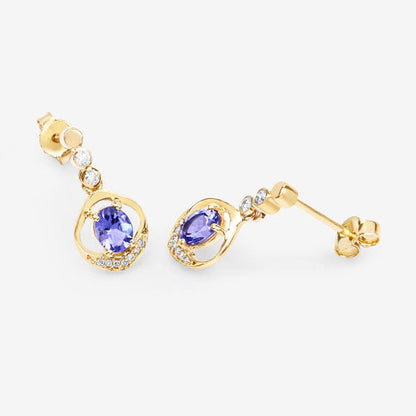 0.76 Carat Genuine Tanzanite and White Diamond 14K Yellow Gold Earrings