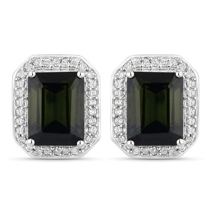 3.57 Carat Genuine Green Tourmaline and White Diamond 14K White Gold Earrings