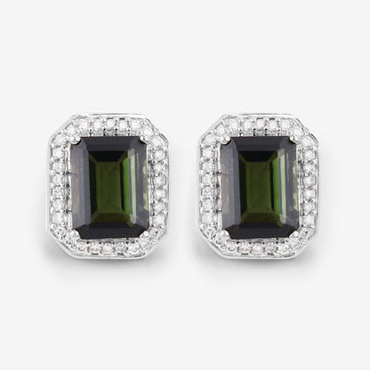 3.57 Carat Genuine Green Tourmaline and White Diamond 14K White Gold Earrings