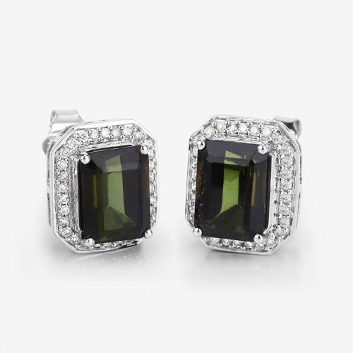 3.57 Carat Genuine Green Tourmaline and White Diamond 14K White Gold Earrings