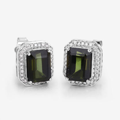 3.57 Carat Genuine Green Tourmaline and White Diamond 14K White Gold Earrings