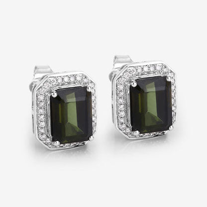 3.57 Carat Genuine Green Tourmaline and White Diamond 14K White Gold Earrings