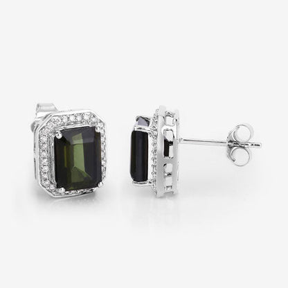 3.57 Carat Genuine Green Tourmaline and White Diamond 14K White Gold Earrings