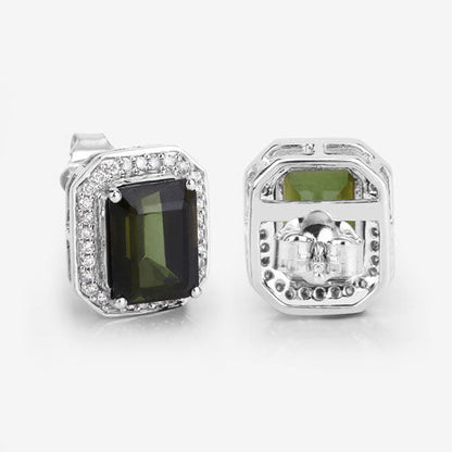 3.57 Carat Genuine Green Tourmaline and White Diamond 14K White Gold Earrings