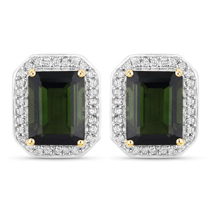 3.57 Carat Genuine Green Tourmaline and White Diamond 14K Yellow Gold Earrings