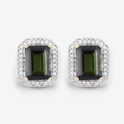 3.57 Carat Genuine Green Tourmaline and White Diamond 14K Yellow Gold Earrings