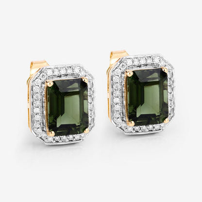 3.57 Carat Genuine Green Tourmaline and White Diamond 14K Yellow Gold Earrings