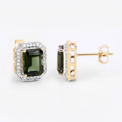 3.57 Carat Genuine Green Tourmaline and White Diamond 14K Yellow Gold Earrings