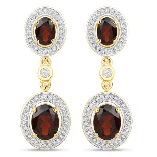 Boucles d'oreilles en argent sterling .925 plaqué or jaune 18 carats avec grenat véritable de 6,30 carats et topaze blanche