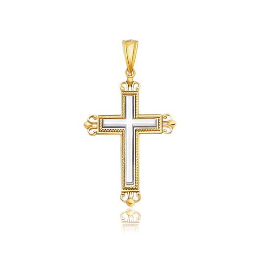 Pendentif croix en or bicolore 14 carats avec un style fleuri orné