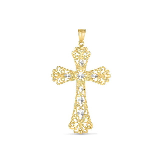 Pendentif croix bicolore en or 14 carats, finition polie, taille diamant