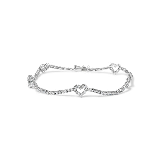 Bracelet Cœur avec Diamants 1,5 Carat Total en Or Blanc 14 carats (Couleur H-I, Pureté I1-I2) - 19 cm