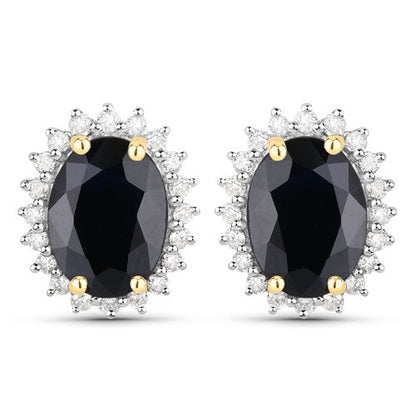 3.32 Carat Genuine Blue Sapphire and White Diamond 14K Yellow Gold Earrings