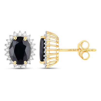 3.32 Carat Genuine Blue Sapphire and White Diamond 14K Yellow Gold Earrings
