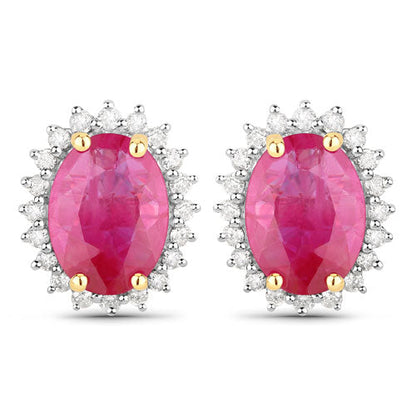 3.14 Carat Genuine Ruby and White Diamond 14K Yellow Gold Earrings