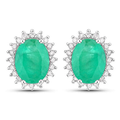 2.66 Carat Genuine Zambian Emerald and White Diamond 10K White Gold Earrings