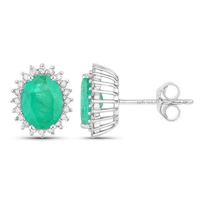 2.66 Carat Genuine Zambian Emerald and White Diamond 10K White Gold Earrings