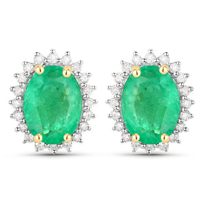 2.66 Carat Genuine Zambian Emerald and White Diamond 10K Yellow Gold Earrings