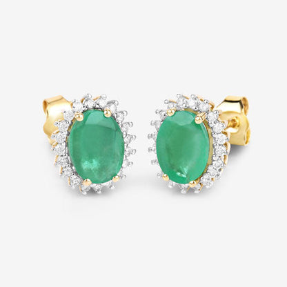 2.66 Carat Genuine Zambian Emerald and White Diamond 10K Yellow Gold Earrings