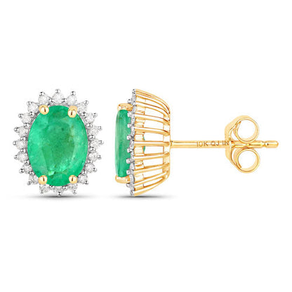 2.66 Carat Genuine Zambian Emerald and White Diamond 10K Yellow Gold Earrings