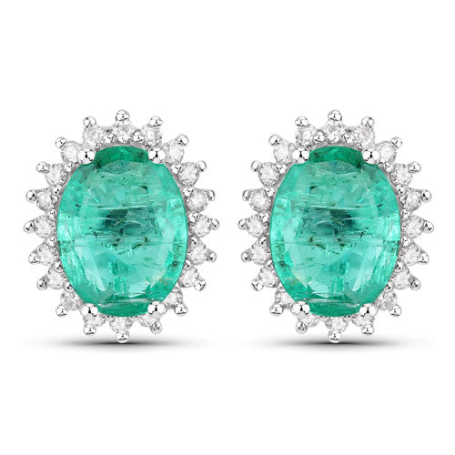 2.66 Carat Genuine Zambian Emerald and White Diamond 14K White Gold Earrings