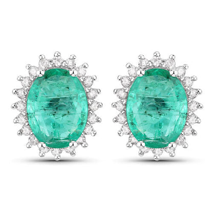 2.66 Carat Genuine Zambian Emerald and White Diamond 14K White Gold Earrings