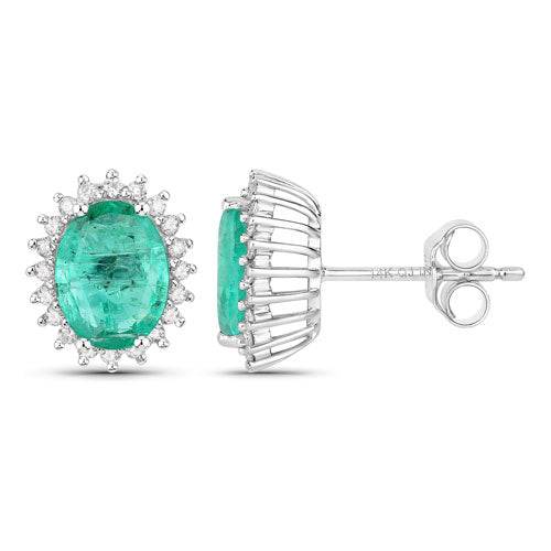 2.66 Carat Genuine Zambian Emerald and White Diamond 14K White Gold Earrings