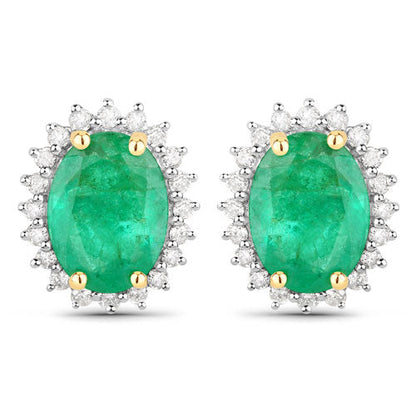 2.66 Carat Genuine Zambian Emerald and White Diamond 14K Yellow Gold Earrings