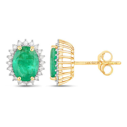 2.66 Carat Genuine Zambian Emerald and White Diamond 14K Yellow Gold Earrings