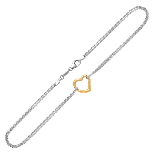 Cheville en or jaune 14 carats et argent sterling avec un cœur ouvert unique