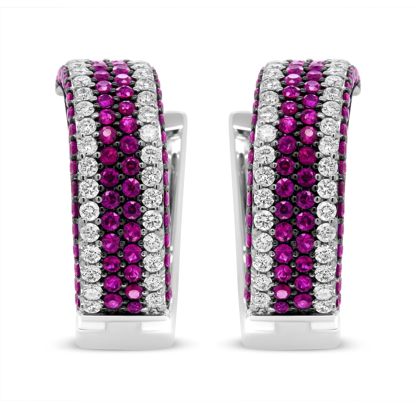 18K White Gold 1 7/8 Cttw Diamond and 1mm Round Red Ruby Open Swish Hoop Earrings (F-G Color, VS1-VS2 Clarity)