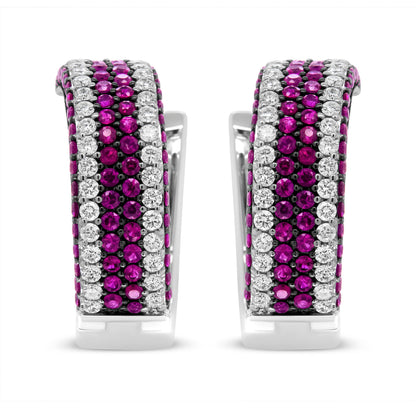 18K White Gold 1 7/8 Cttw Diamond and 1mm Round Red Ruby Open Swish Hoop Earrings (F-G Color, VS1-VS2 Clarity)