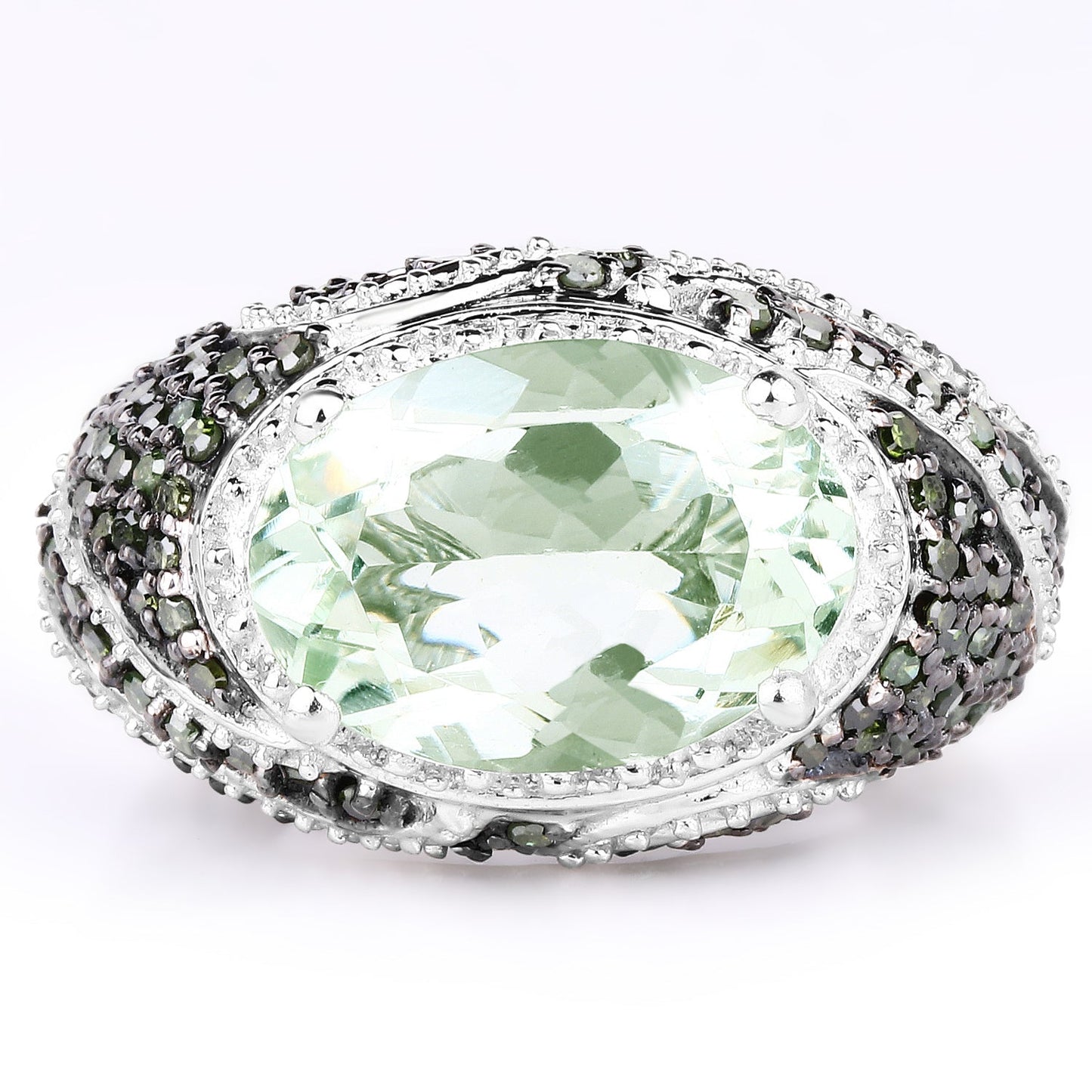 5.98 Carat Genuine Green Amethyst & Green Diamond .925 Sterling Silver Ring