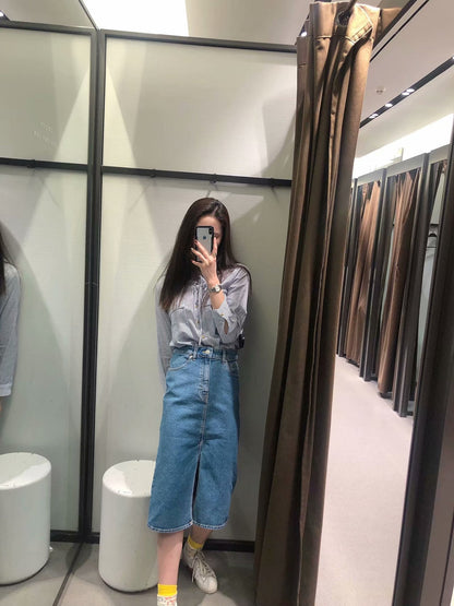 Split Hem Denim Skirt, Bodycon Denim Midi Skirt