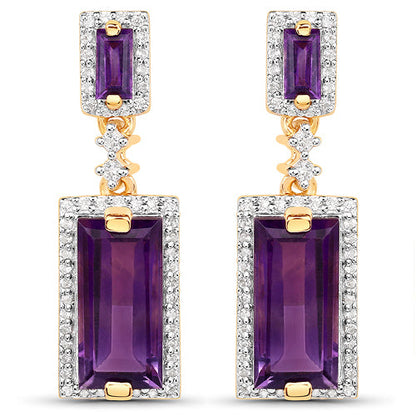 18K Yellow Gold Plated 6.01 Carat Genuine Emerald and White Topaz .925 Sterling Silver Earrings