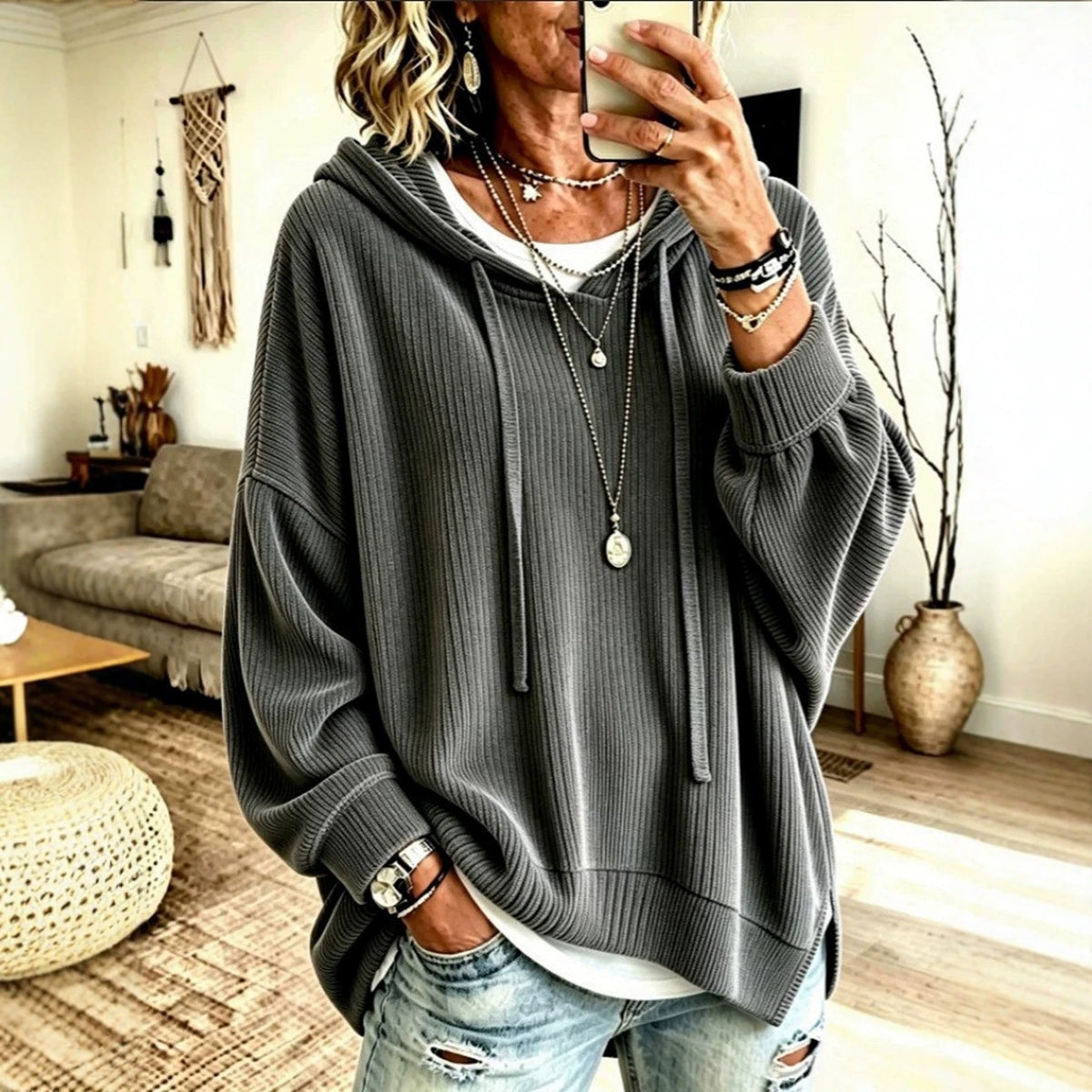 2026 European And American Women's Fashion Amazon Independent Store Hooded Drawstring Woven Corduroy Sweatshirt Jacket Loose Top