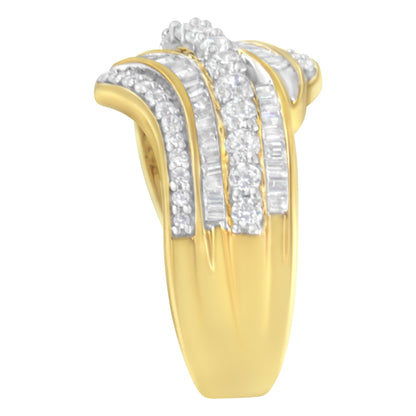 10K Yellow Gold 1.0 Cttw Baguette and Round Diamond Multi-Row Wave Bypass Ring (I-J Color, I1-I2 Clarity) - Ring Size 7
