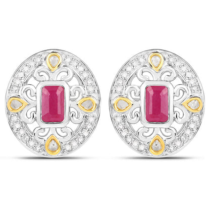 0.77 Carat Genuine Ruby and White Diamond .925 Sterling Silver Earrings
