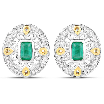 0.69 Carat Genuine Zambian Emerald and White Diamond .925 Sterling Silver Earrings