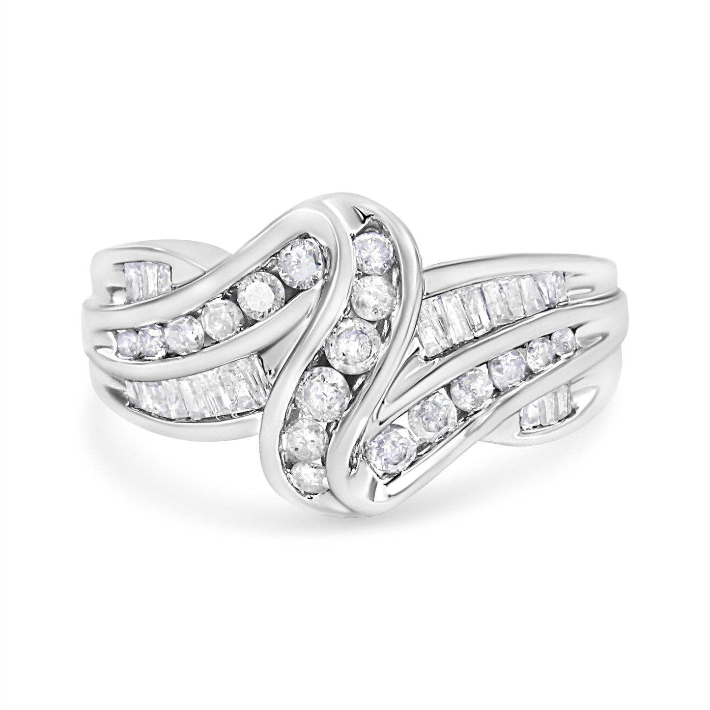 10K White Gold Ring 3/4 Cttw Round and Baguette-Cut Diamond Bypass Ring (H-I Color, I2-I3 Clarity) - Size 6