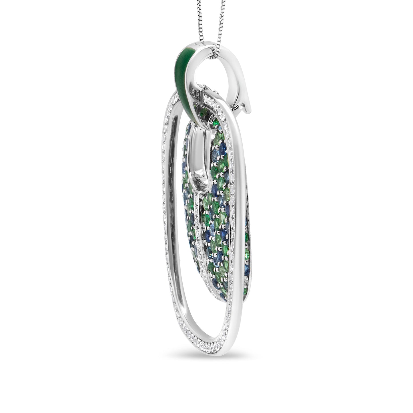 .925 Sterling Silver Green Enamel Pendant with 1/2 Cttw Diamond, Sapphire, and Tsavorite Openwork Statement 18" Pendant Necklace (F-G Color, VS1-VS2 Clarity)