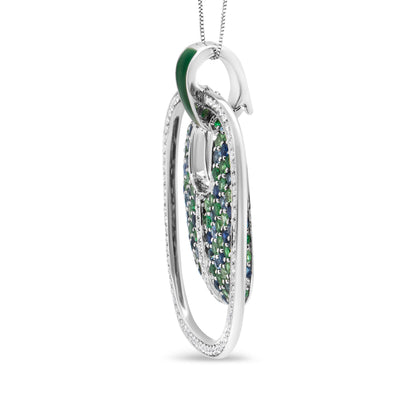 .925 Sterling Silver Green Enamel Pendant with 1/2 Cttw Diamond, Sapphire, and Tsavorite Openwork Statement 18" Pendant Necklace (F-G Color, VS1-VS2 Clarity)