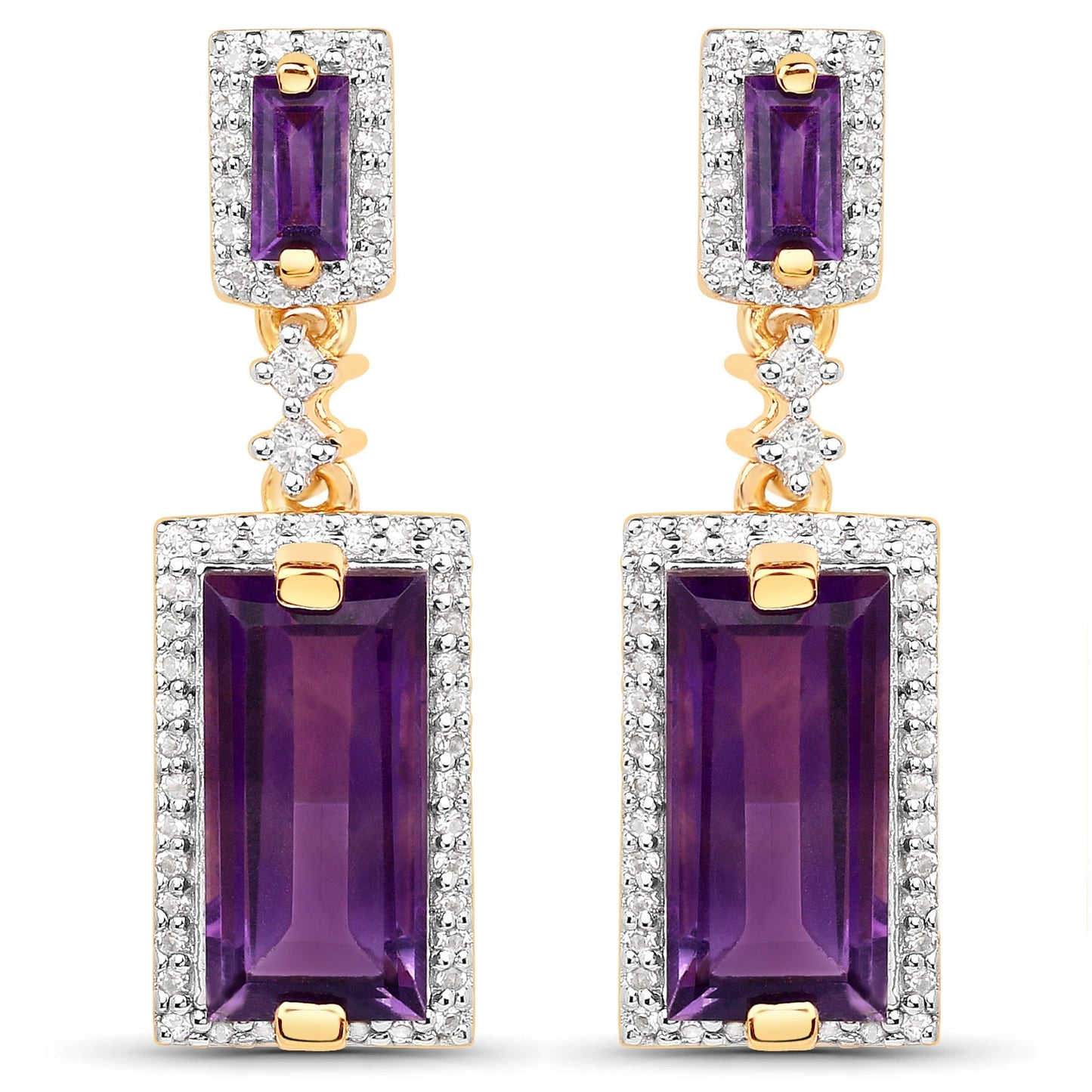 18K Yellow Gold Plated 6.01 Carat Genuine Emerald and White Topaz .925 Sterling Silver Earrings