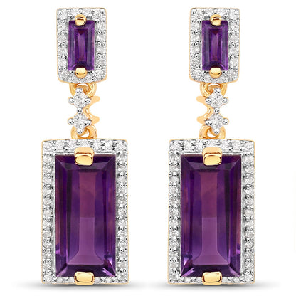 18K Yellow Gold Plated 6.01 Carat Genuine Emerald and White Topaz .925 Sterling Silver Earrings
