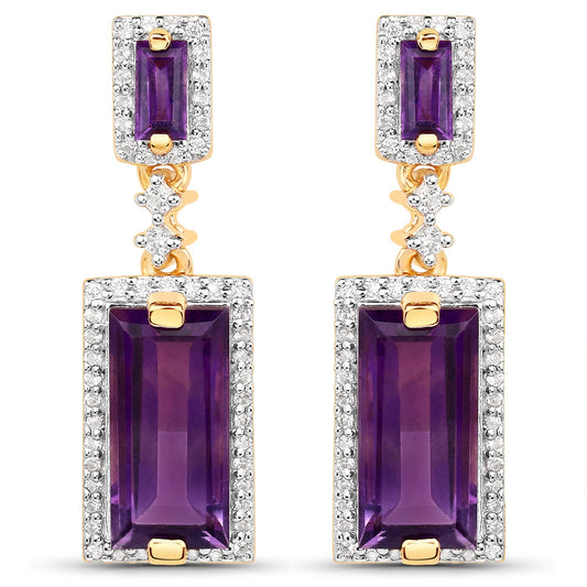 Boucles d'oreilles en Argent Sterling .925 Plaqué Or Jaune 18 carats, Émeraudes Véritables 6.01 Carats et Topazes Blanches