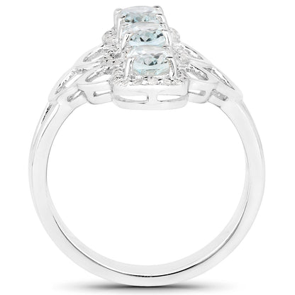 1.54 Carat Genuine Aquamarine and White Zircon .925 Sterling Silver Ring