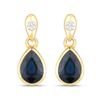 1.65 Carat Genuine Blue Sapphire and White Diamond 10K Yellow Gold Earrings